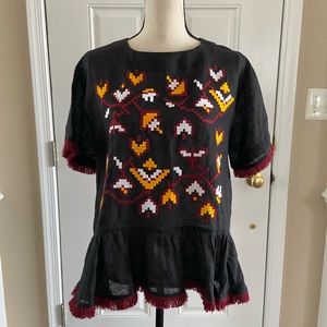 March 11 black embroidered linen shirt sz S